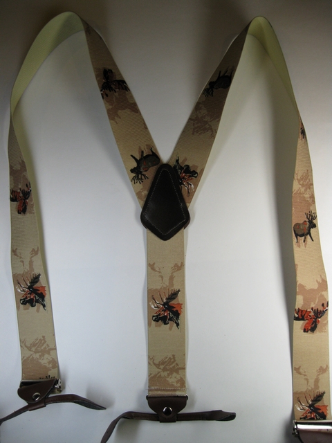 MOOSE KHAKI TAN BACKGROUND. Button On. 1 1/2"x 54" "Y" Style Leather Ends. Entirely Stretchable Hand Washable and Hang to Dry Cotton/Polyester Material. YB-PB130N54MSKH
